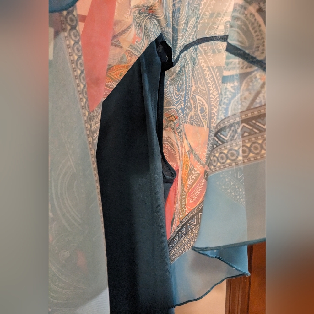B.L.E.U. Teal Chiffon Scarf Handkerchief Overlay Paisley Print Tank Top sz L - Picture 5 of 11